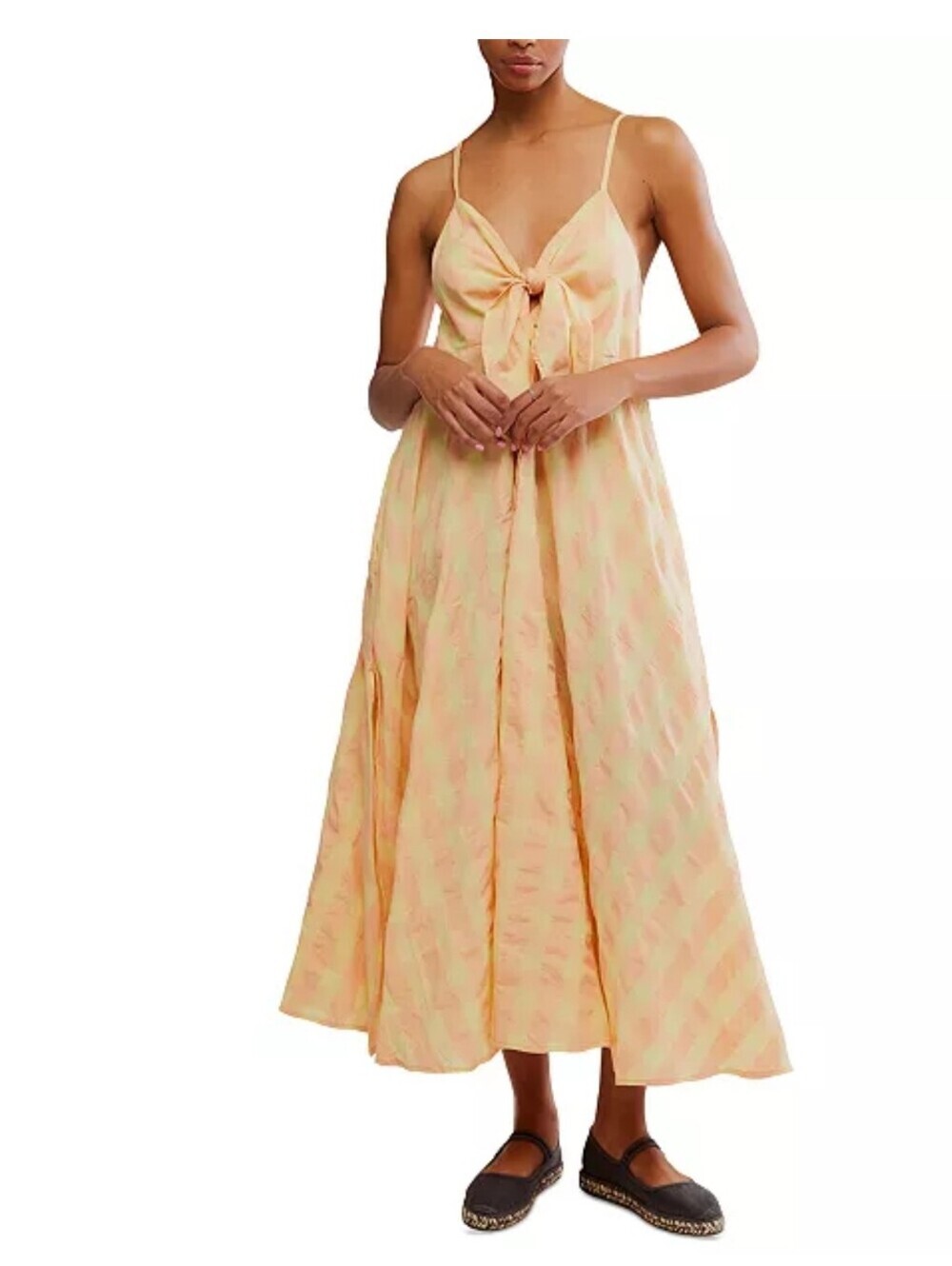 Free People Via Gingham Cotton Midi Dress Tie Front Summer Beach Dress